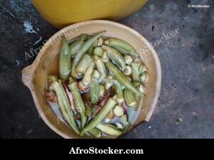 Fresh Okra in Traditional African Calabash