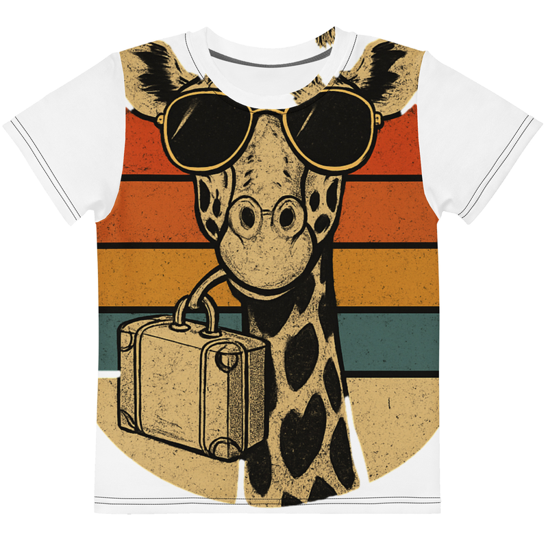 Kids crew neck t-shirt Vintage Giraffe with Sunglasses & Suitcase Retro Sunset-Original