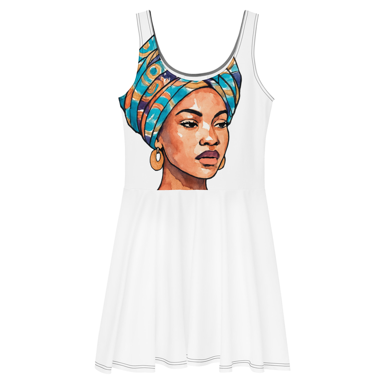 Skater Dress Regal Woman in Turquoise & Coral Wax Turban-Original