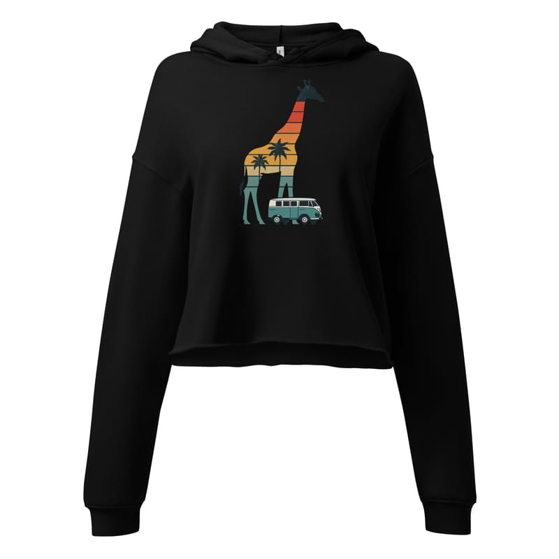 Crop Hoodie Retro Sunset Giraffe Drive with VW Camper Van-Original