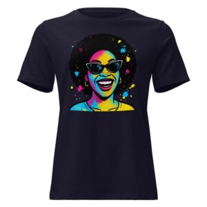 Women's Relaxed T-Shirt Vibrant Afro Pop-Art Woman with Cat-Eye Shades-Original