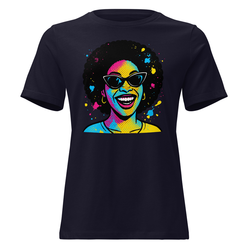 Women's Relaxed T-Shirt Vibrant Afro Pop-Art Woman with Cat-Eye Shades-Original