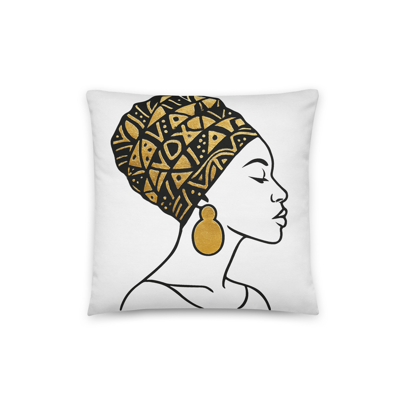 Cotton pillow Elegant Afro Profile with Gold-Patterned Headwrap-Original