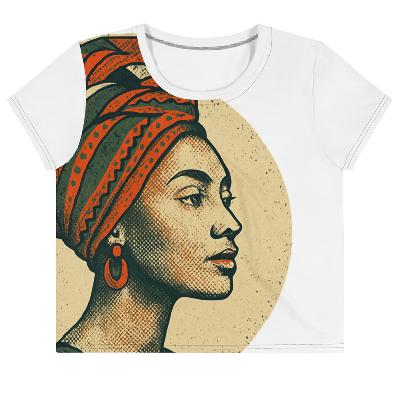 All-Over Print Crop Tee Poised Lady in Vibrant African Wax Turban-Original