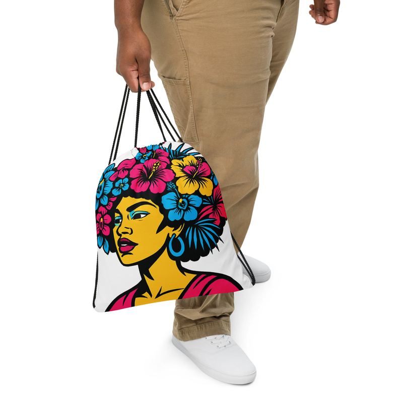 Drawstring bag Bold Afro Floral Pop Art Portrait-Original