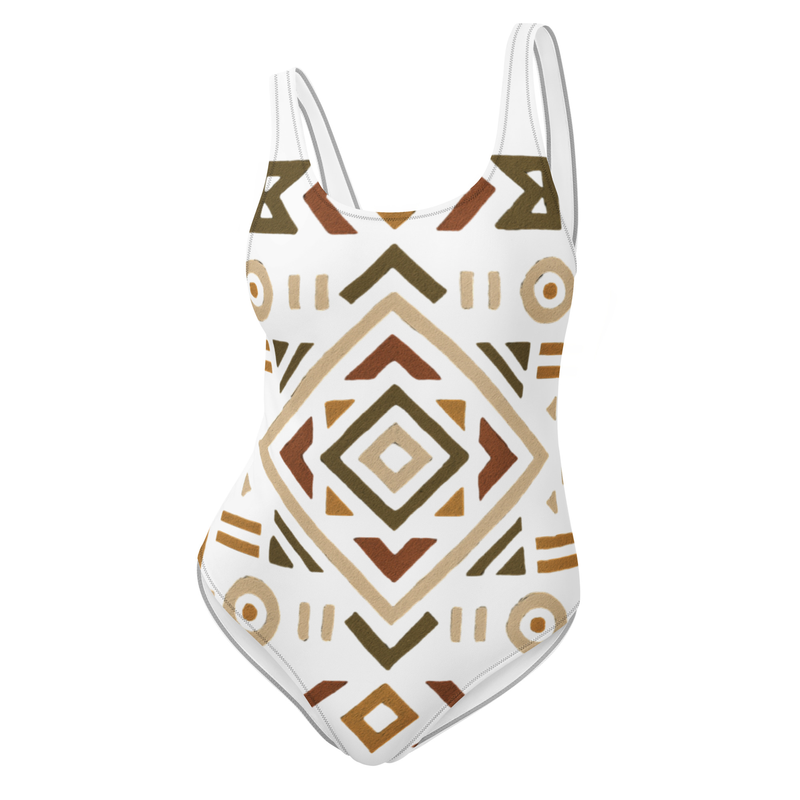 One-Piece Swimsuit Bold African Geometric Harmony in Earthy Tones-Original