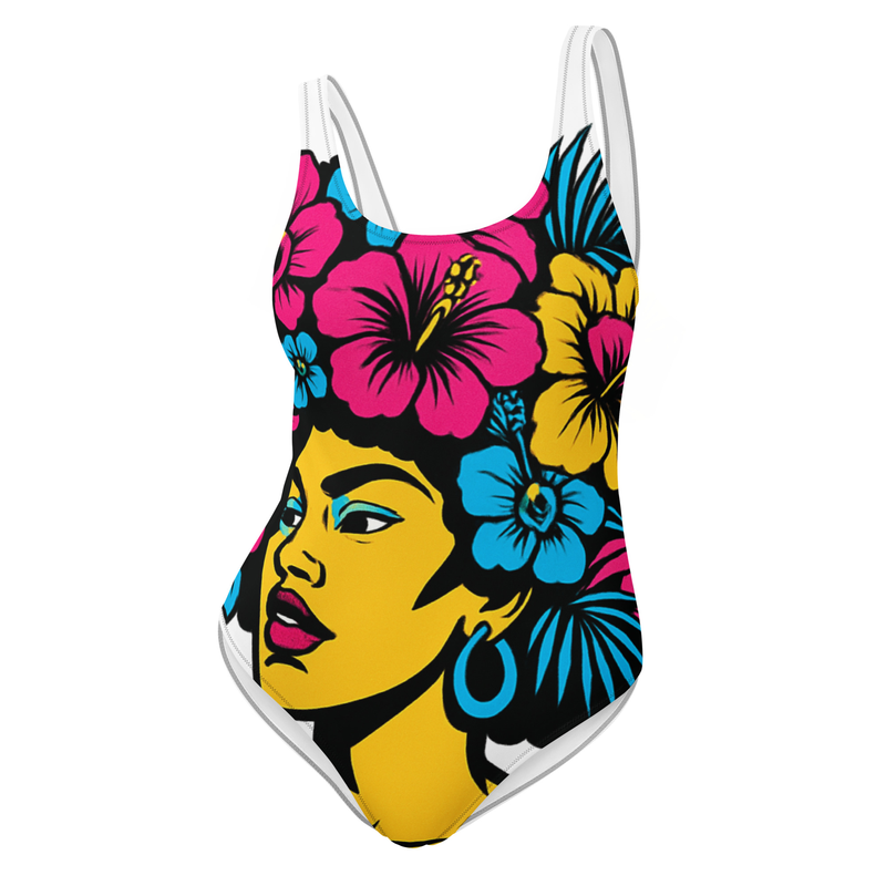 One-Piece Swimsuit Bold Afro Floral Pop Art Portrait-Original