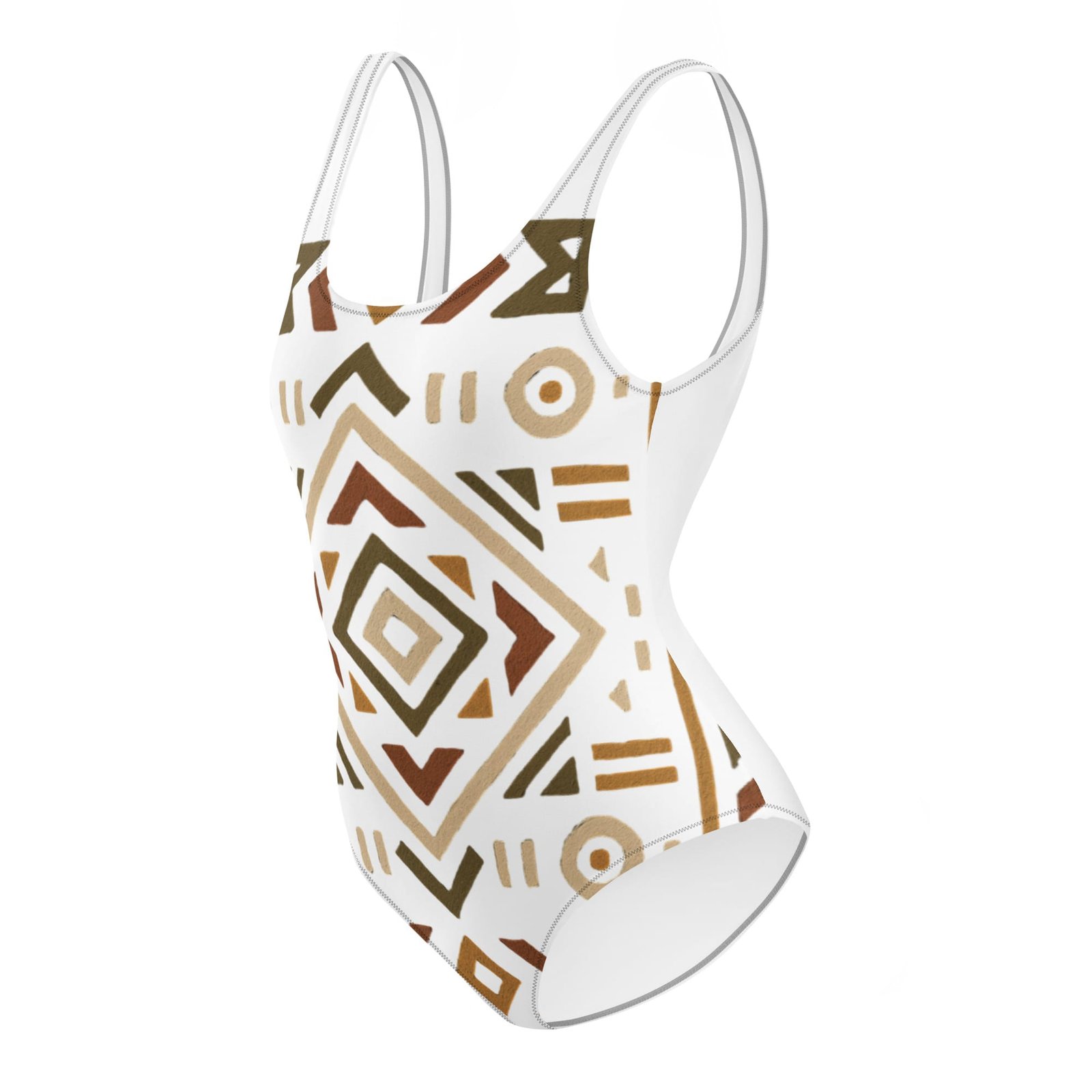 One-Piece Swimsuit Bold African Geometric Harmony in Earthy Tones-Original - Image 3