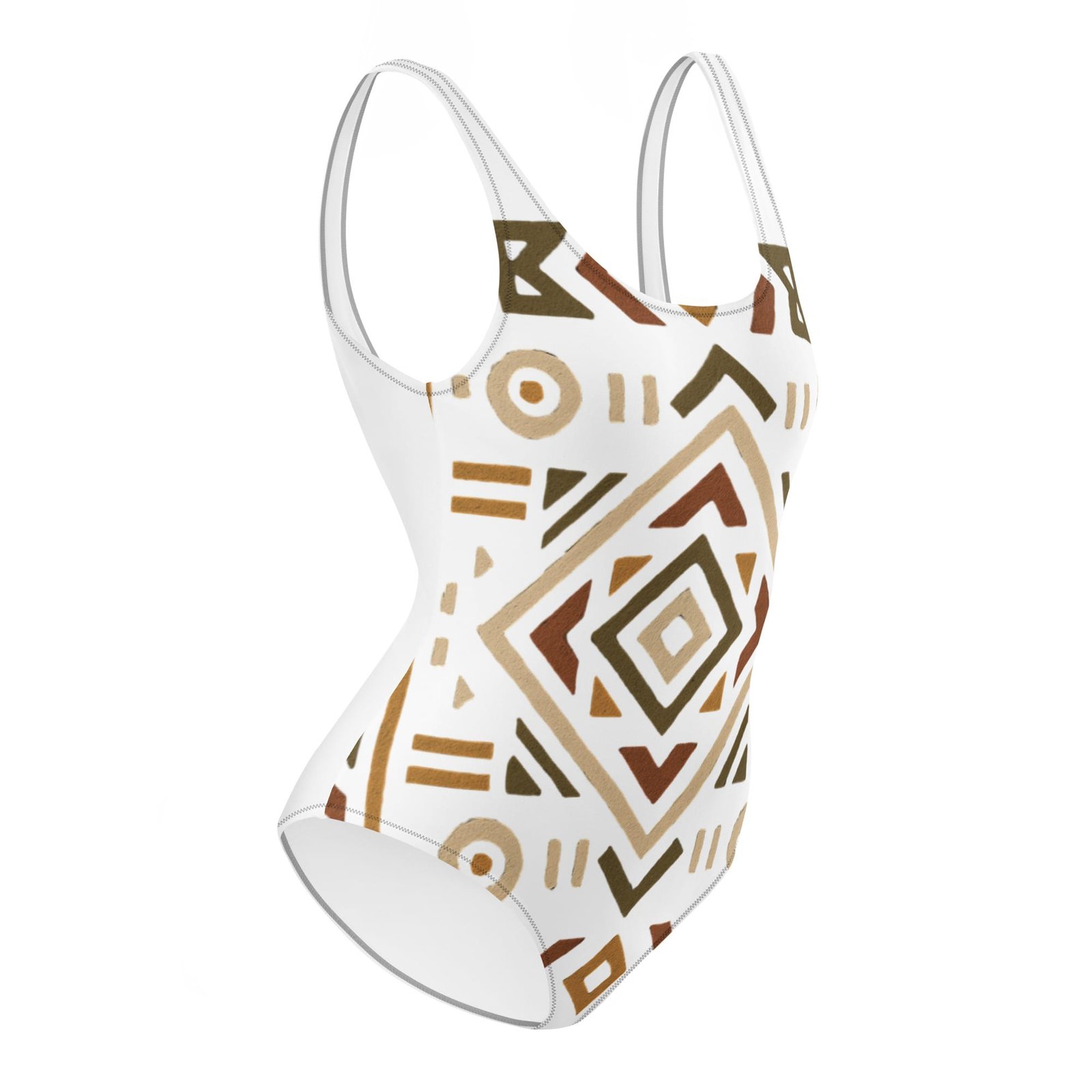 One-Piece Swimsuit Bold African Geometric Harmony in Earthy Tones-Original - Image 2