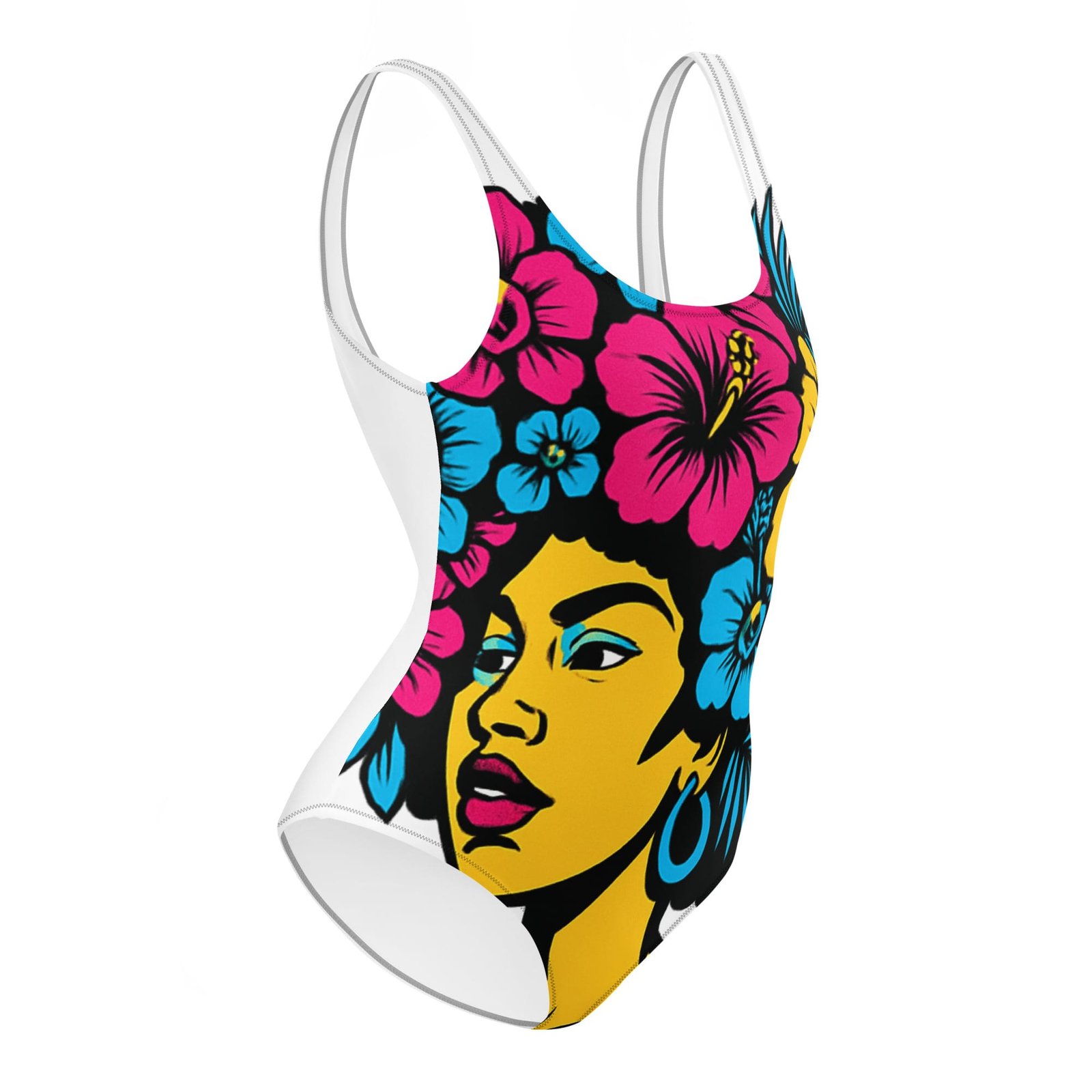 One-Piece Swimsuit Bold Afro Floral Pop Art Portrait-Original - Image 2
