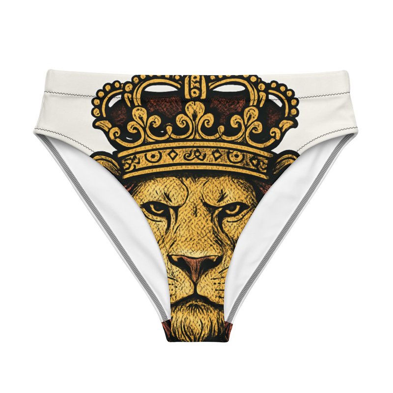 Recycled high-waisted bikini bottom Regal Lion Head with Ornate Crown Emblem-Original