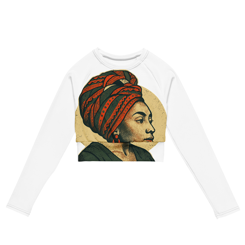 Recycled long-sleeve crop top Poised Lady in Vibrant African Wax Turban-Original