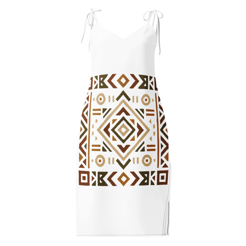 Tie-strap midi dress Bold African Geometric Harmony in Earthy Tones-Original
