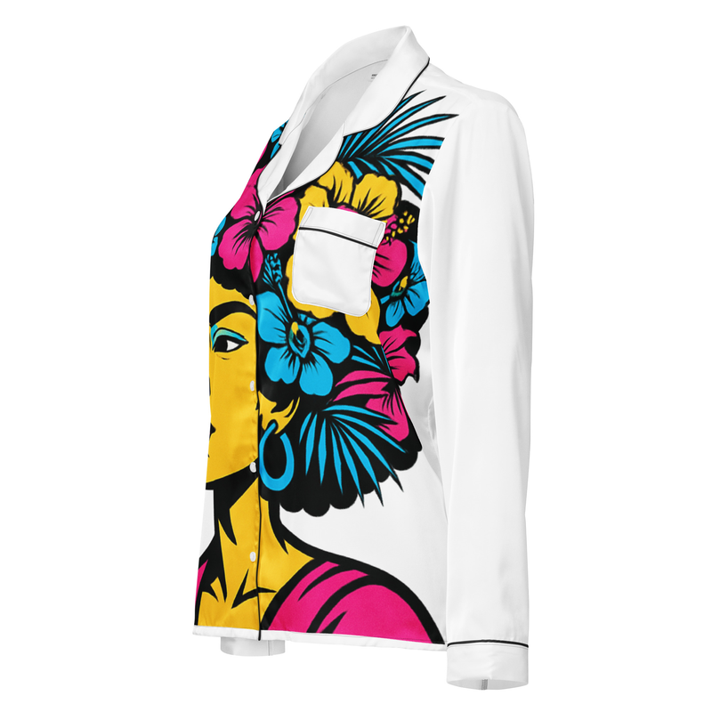 Women’s long sleeve pajama top Bold Afro Floral Pop Art Portrait-Original