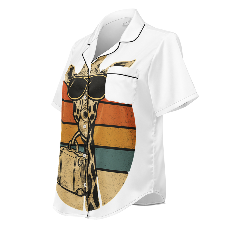 All-over print women’s short sleeve pajama top Vintage Giraffe with Sunglasses & Suitcase Retro Sunset-Original