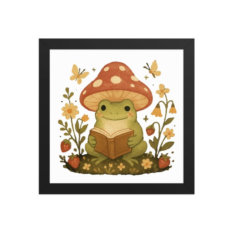 Framed poster Whimsical Frog Reading Under Mushroom Canopy-Original - Image 2