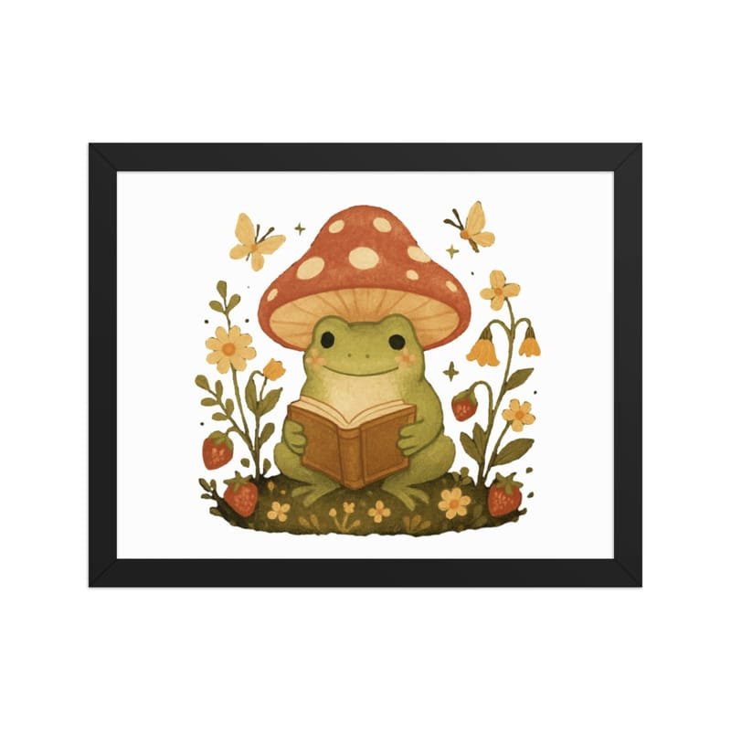 Framed poster Whimsical Frog Reading Under Mushroom Canopy-Original - Image 3