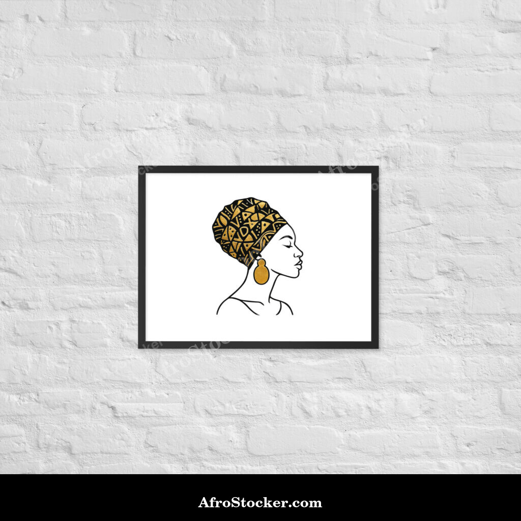 Framed poster Elegant Afro Profile with Gold-Patterned Headwrap-Original