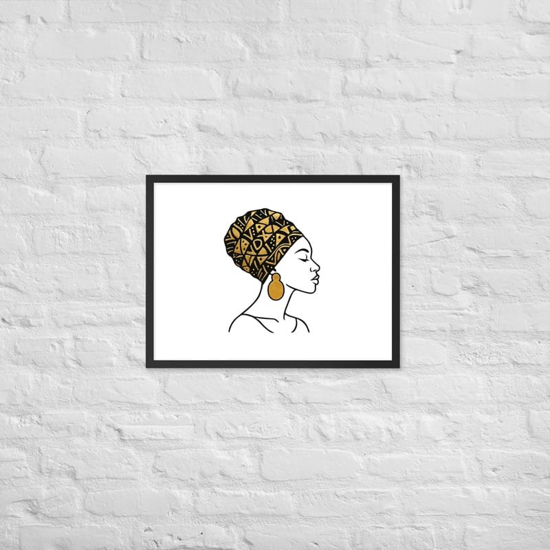 Framed poster Elegant Afro Profile with Gold-Patterned Headwrap-Original