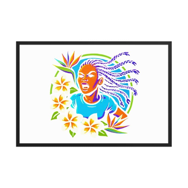 Framed poster Fierce Woman Bursting Through Tropical Blooms-Original - Image 13