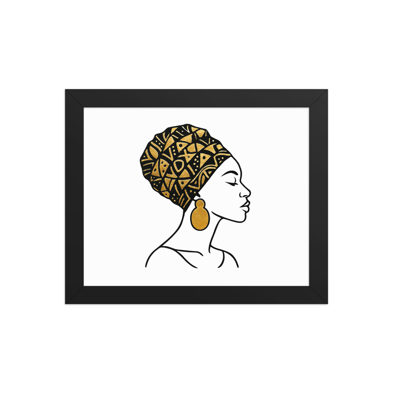 Framed poster Elegant Afro Profile with Gold-Patterned Headwrap-Original