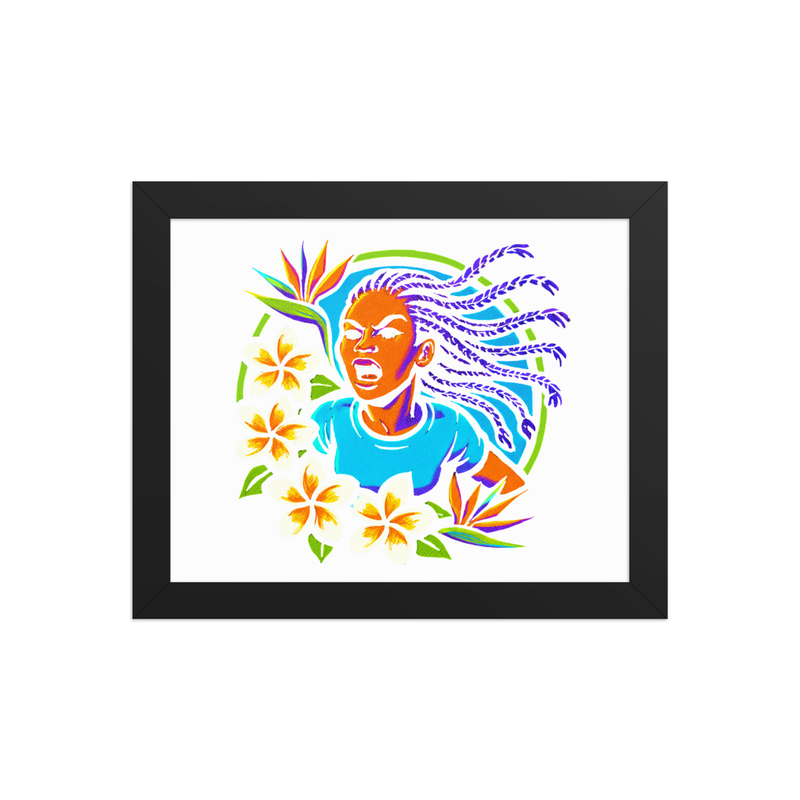 Framed poster Fierce Woman Bursting Through Tropical Blooms-Original