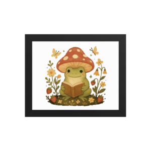 Framed poster Whimsical Frog Reading Under Mushroom Canopy-Original