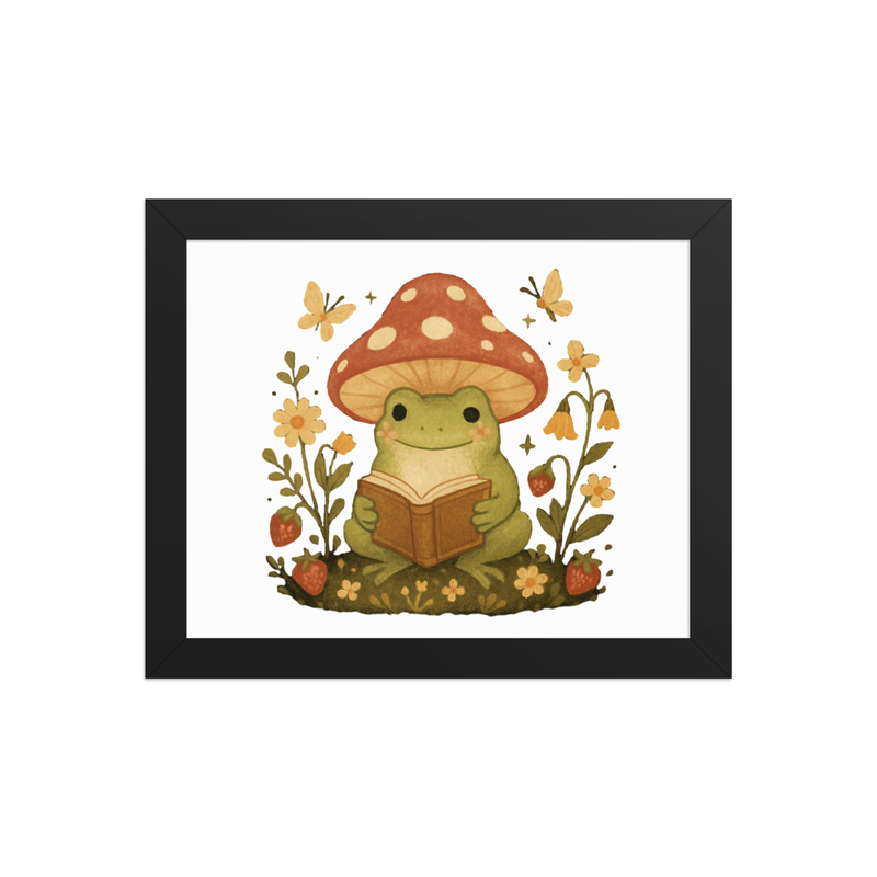 Framed poster Whimsical Frog Reading Under Mushroom Canopy-Original