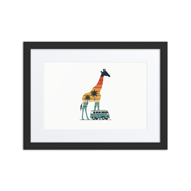Framed poster Retro Sunset Giraffe Drive with VW Camper Van-Original