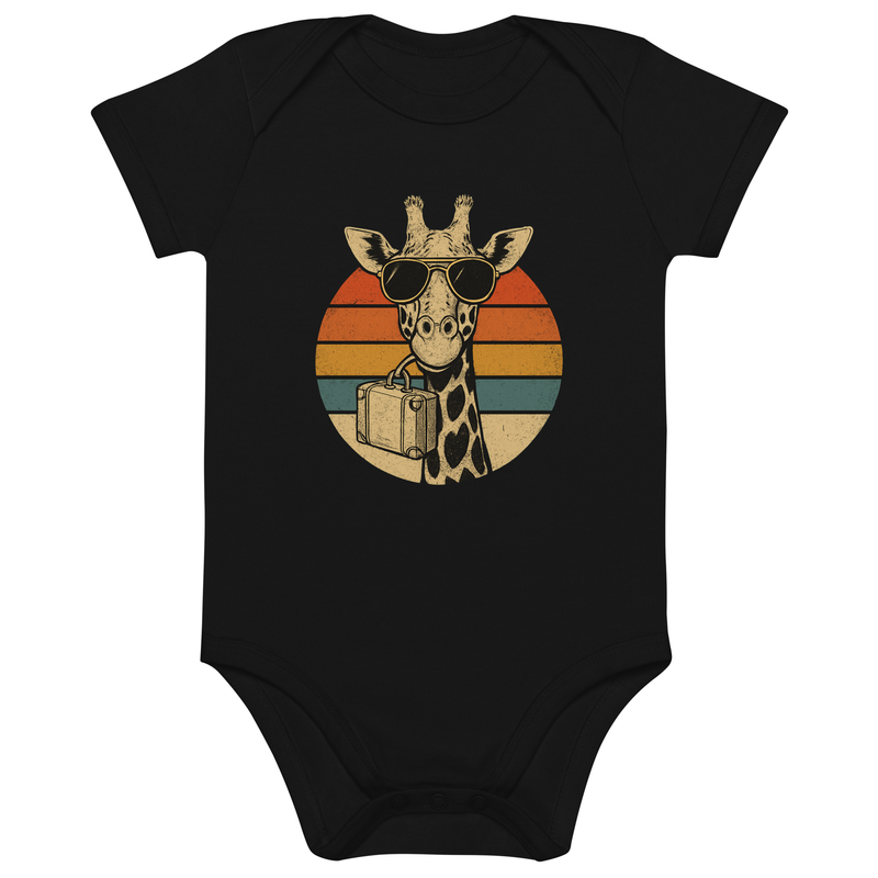 Organic cotton baby bodysuit Vintage Giraffe with Sunglasses & Suitcase Retro Sunset-Original