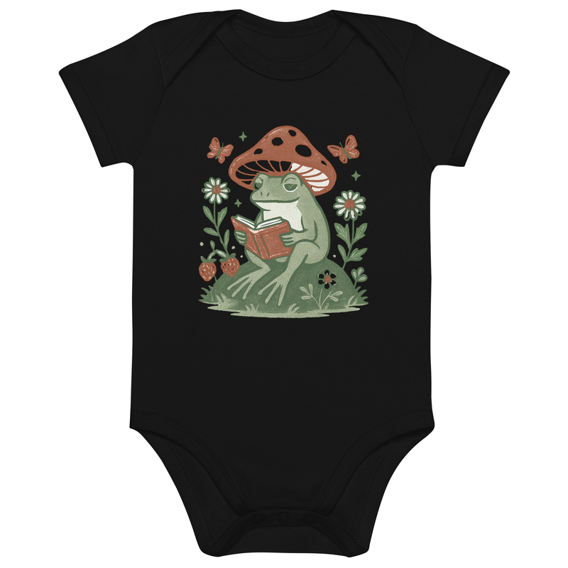 Organic cotton baby bodysuit Peaceful Frog Reading Under Mushroom Hat-Original
