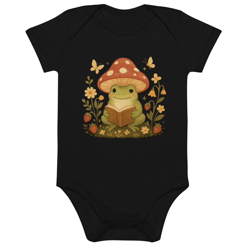 Organic cotton baby bodysuit Whimsical Frog Reading Under Mushroom Canopy-Original