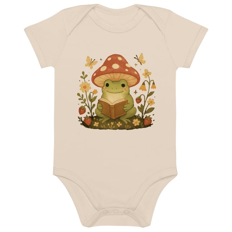 Organic cotton baby bodysuit Whimsical Frog Reading Under Mushroom Canopy-Original - Image 2