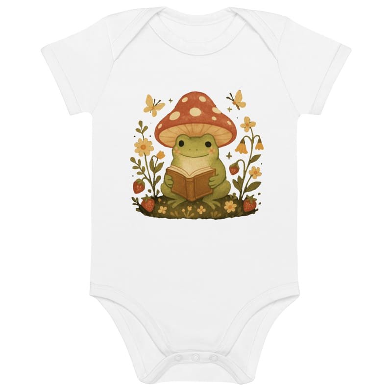 Organic cotton baby bodysuit Whimsical Frog Reading Under Mushroom Canopy-Original - Image 3