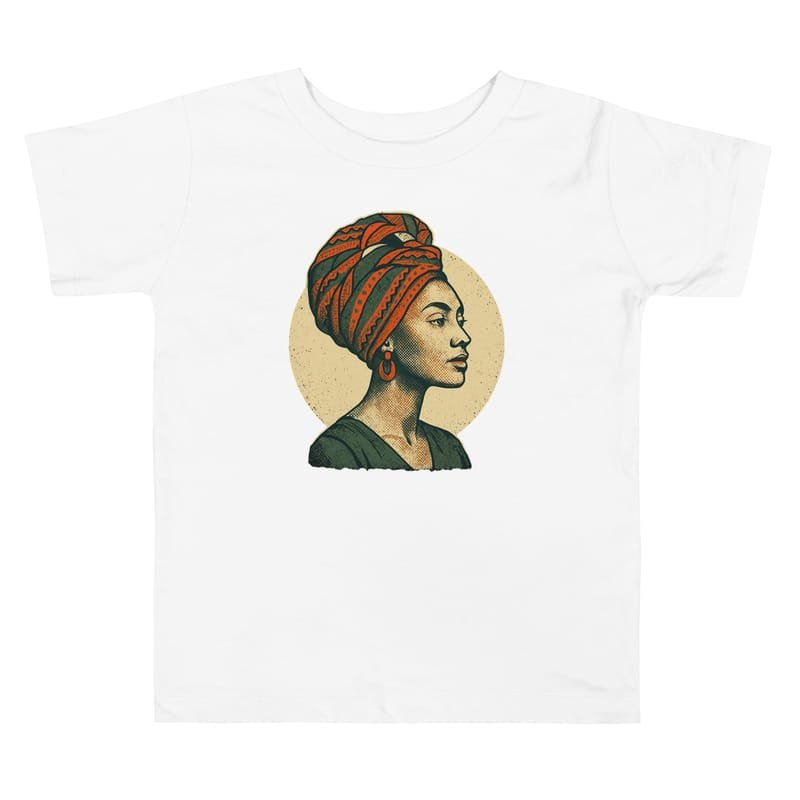 Toddler Short Sleeve Tee Poised Lady in Vibrant African Wax Turban-Original - Image 3