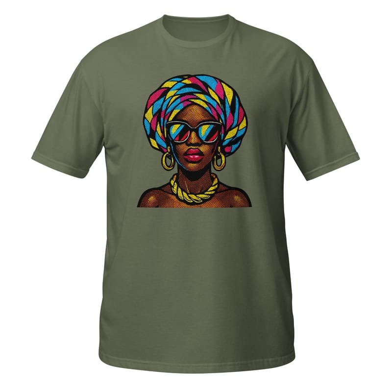 Short-Sleeve Unisex T-Shirt Pop-Art Queen with Kaleidoscopic Headwrap-Original - Image 4