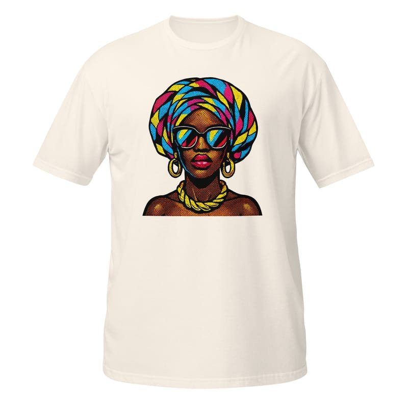 Short-Sleeve Unisex T-Shirt Pop-Art Queen with Kaleidoscopic Headwrap-Original - Image 9