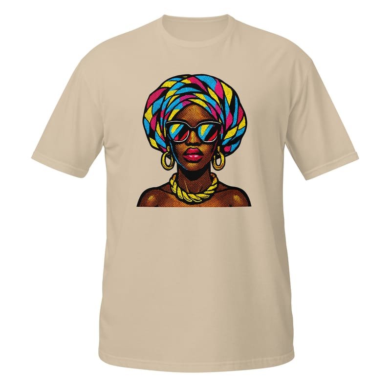Short-Sleeve Unisex T-Shirt Pop-Art Queen with Kaleidoscopic Headwrap-Original - Image 6