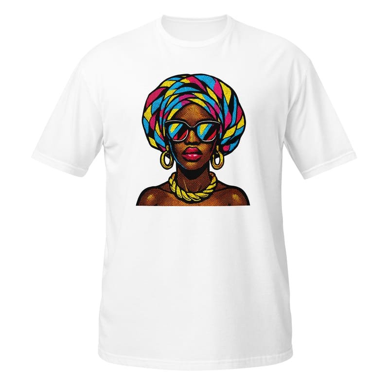 Short-Sleeve Unisex T-Shirt Pop-Art Queen with Kaleidoscopic Headwrap-Original - Image 10