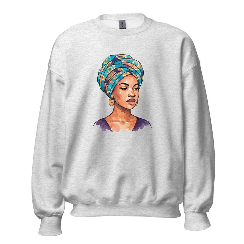 Unisex Sweatshirt, Regal Woman in Turquoise & Coral Wax Turban-Original - Image 10
