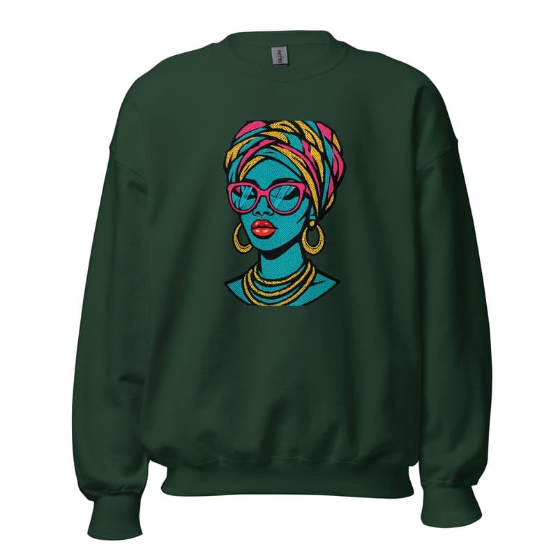 Unisex Sweatshirt Bold Pop-Art African Queen with Vibrant Turban-Original - Image 4