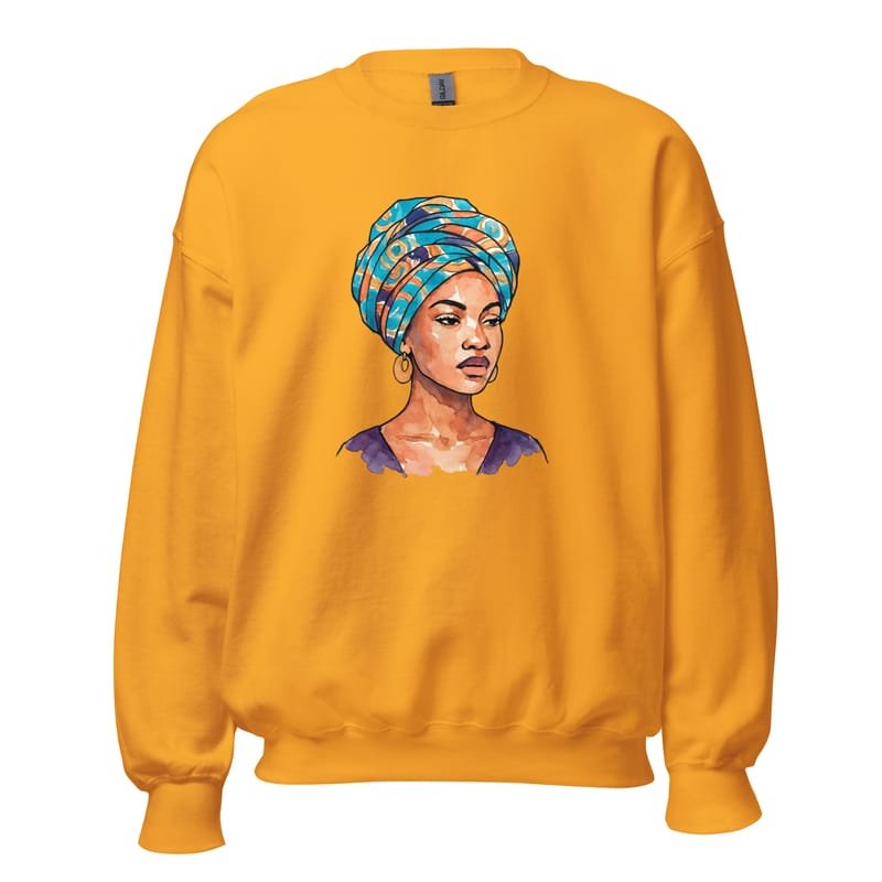 Unisex Sweatshirt, Regal Woman in Turquoise & Coral Wax Turban-Original - Image 7
