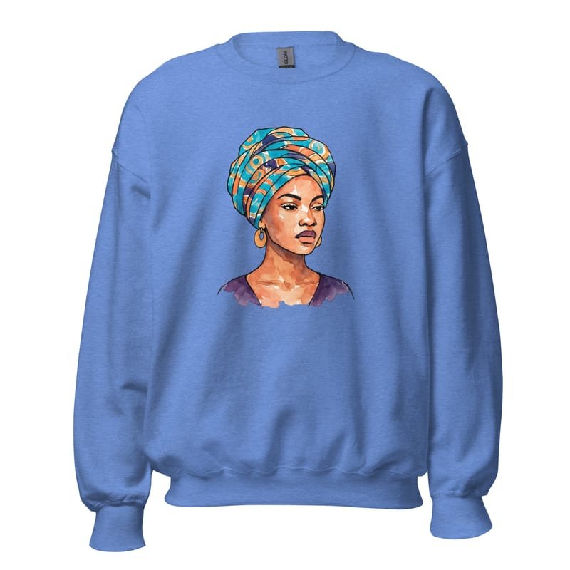 Unisex Sweatshirt, Regal Woman in Turquoise & Coral Wax Turban-Original - Image 6