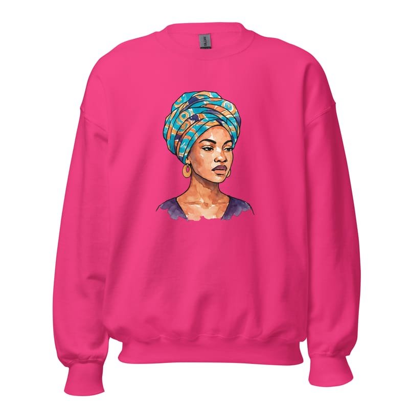 Unisex Sweatshirt, Regal Woman in Turquoise & Coral Wax Turban-Original - Image 3