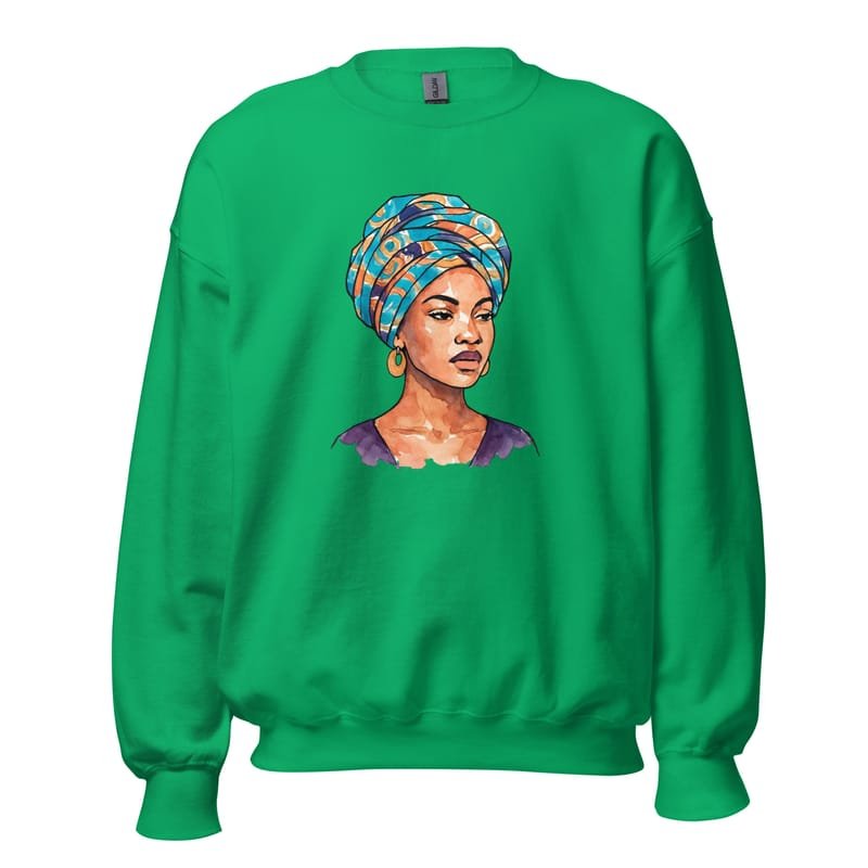 Unisex Sweatshirt, Regal Woman in Turquoise & Coral Wax Turban-Original - Image 5