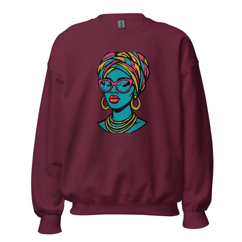 Unisex Sweatshirt Bold Pop-Art African Queen with Vibrant Turban-Original - Image 3