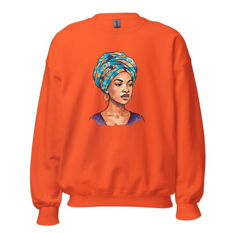 Unisex Sweatshirt, Regal Woman in Turquoise & Coral Wax Turban-Original - Image 4