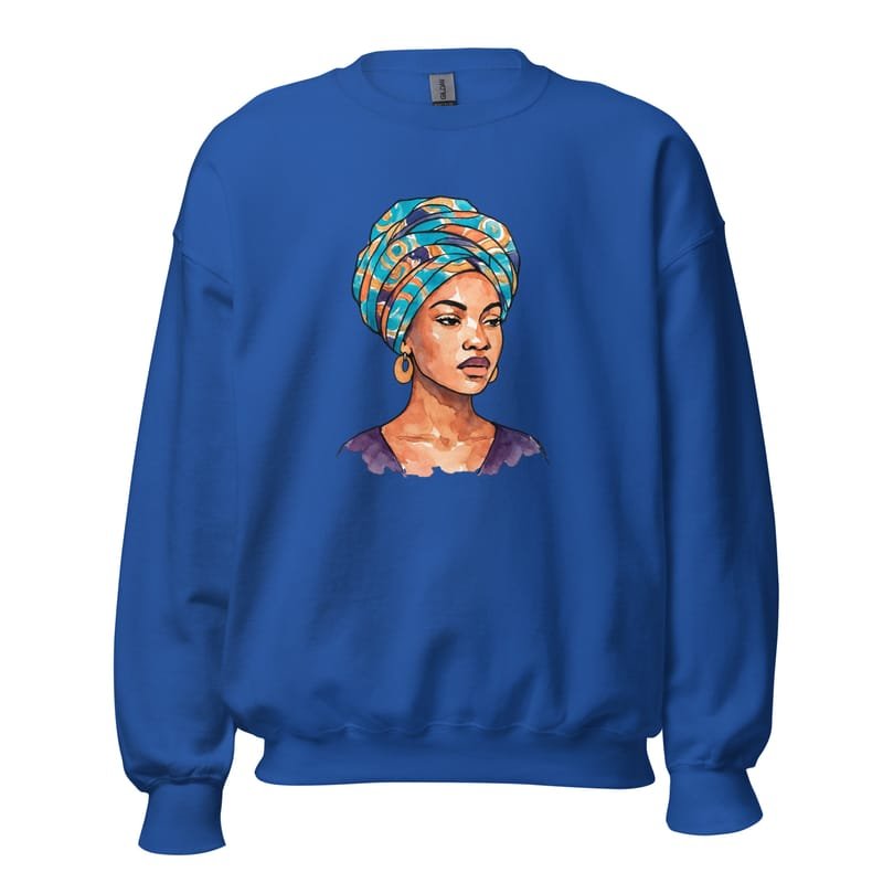 Unisex Sweatshirt, Regal Woman in Turquoise & Coral Wax Turban-Original - Image 2