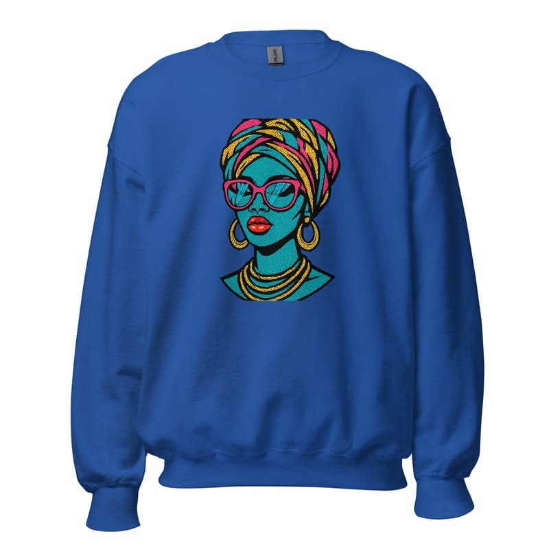 Unisex Sweatshirt Bold Pop-Art African Queen with Vibrant Turban-Original - Image 6