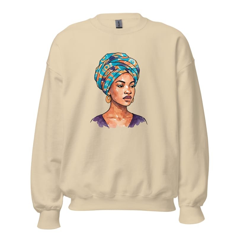 Unisex Sweatshirt, Regal Woman in Turquoise & Coral Wax Turban-Original - Image 8